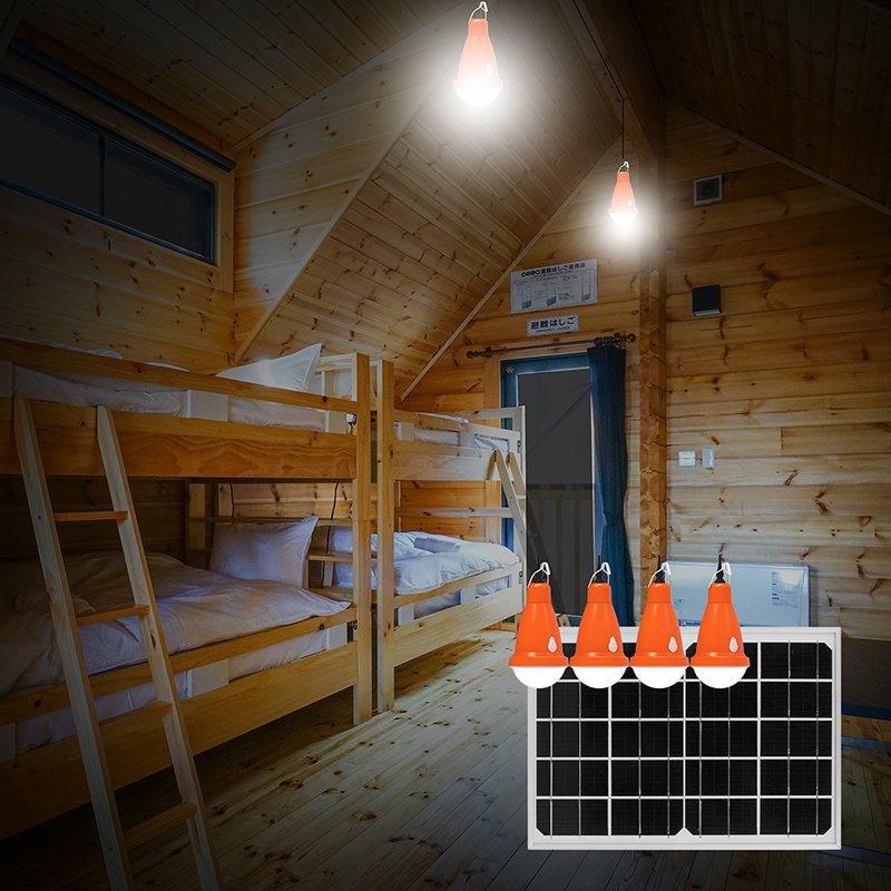 Sistem pentru iluminat cu becuri 4x16 LED-uri, panou solar 5V/10W si telecomanda Breckner Germany